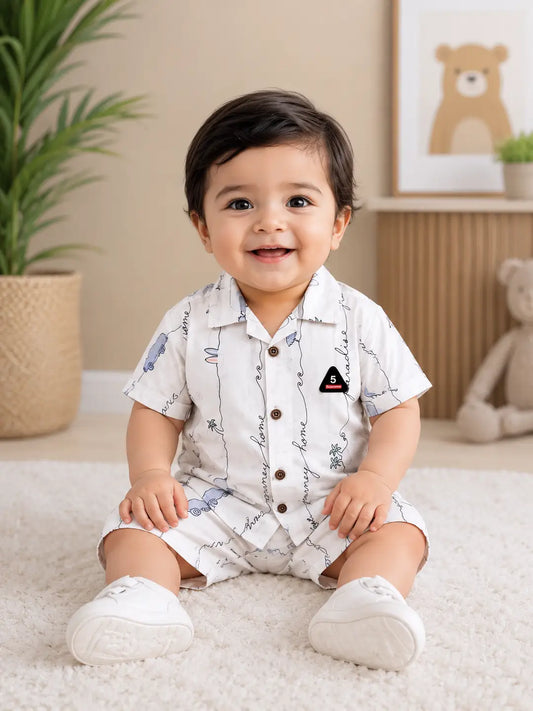 2 Pcs Boys' Cotton Lawn Printed Shirt & Shorts Set – Soft, Lightweight Summer Outfi