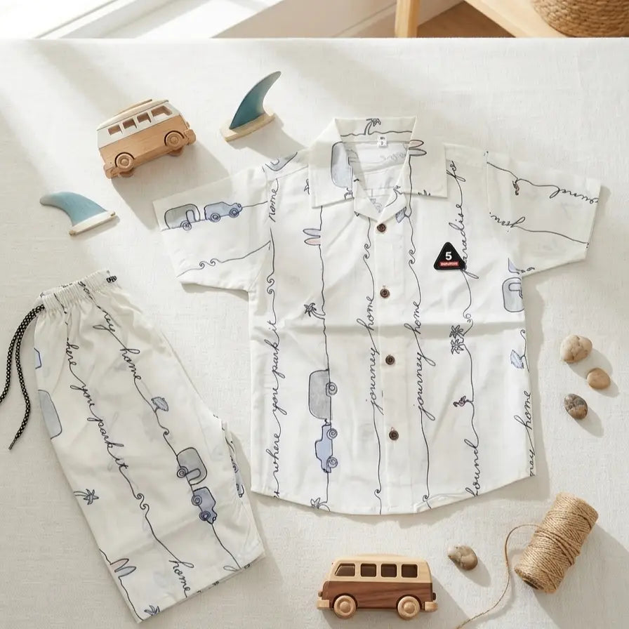 2 Pcs Boys' Cotton Lawn Printed Shirt & Shorts Set – Soft, Lightweight Summer Outfi